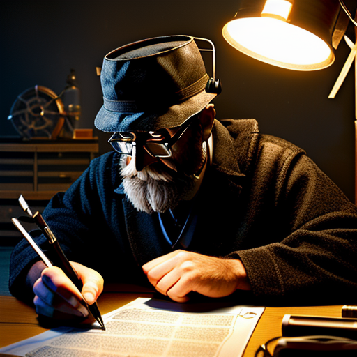 In a dimly lit study, Doctor Bucket sits at his cluttered desk, furrowing his brow as he deciphers the mysterious symbol glowing on a piece of parchment.